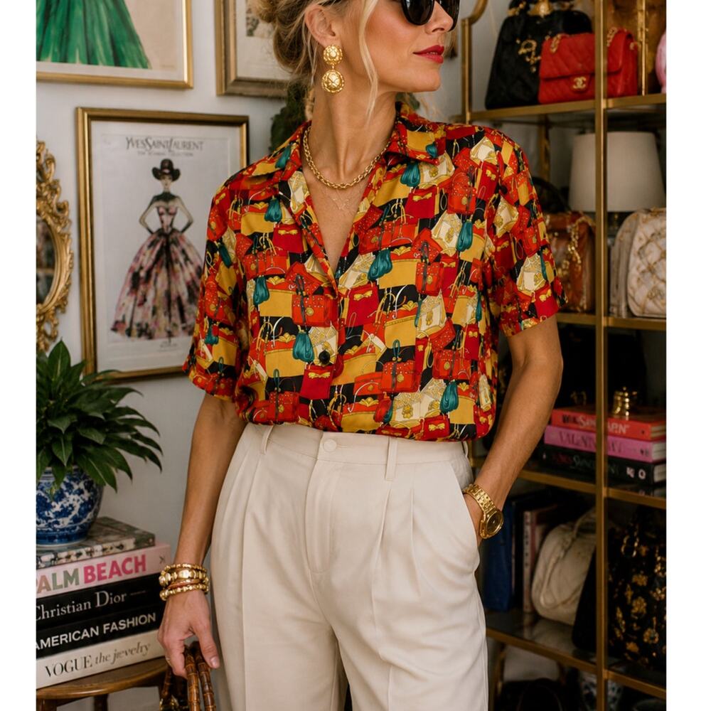 Vintage Nicola Handbag Purse Print Novelty Blouse 90s Button Front size medium M - Picture 4 of 10